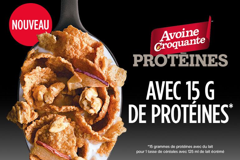 A spoonful of Oatmeal Crisp cereal with visible flakes and nuts. Text reads 'New Oatmeal Crisp Protein with 15 G of Protein.' Asterisk note indicates 15 grams of protein with milk per 1 cup cereal with 125 ml skim milk.